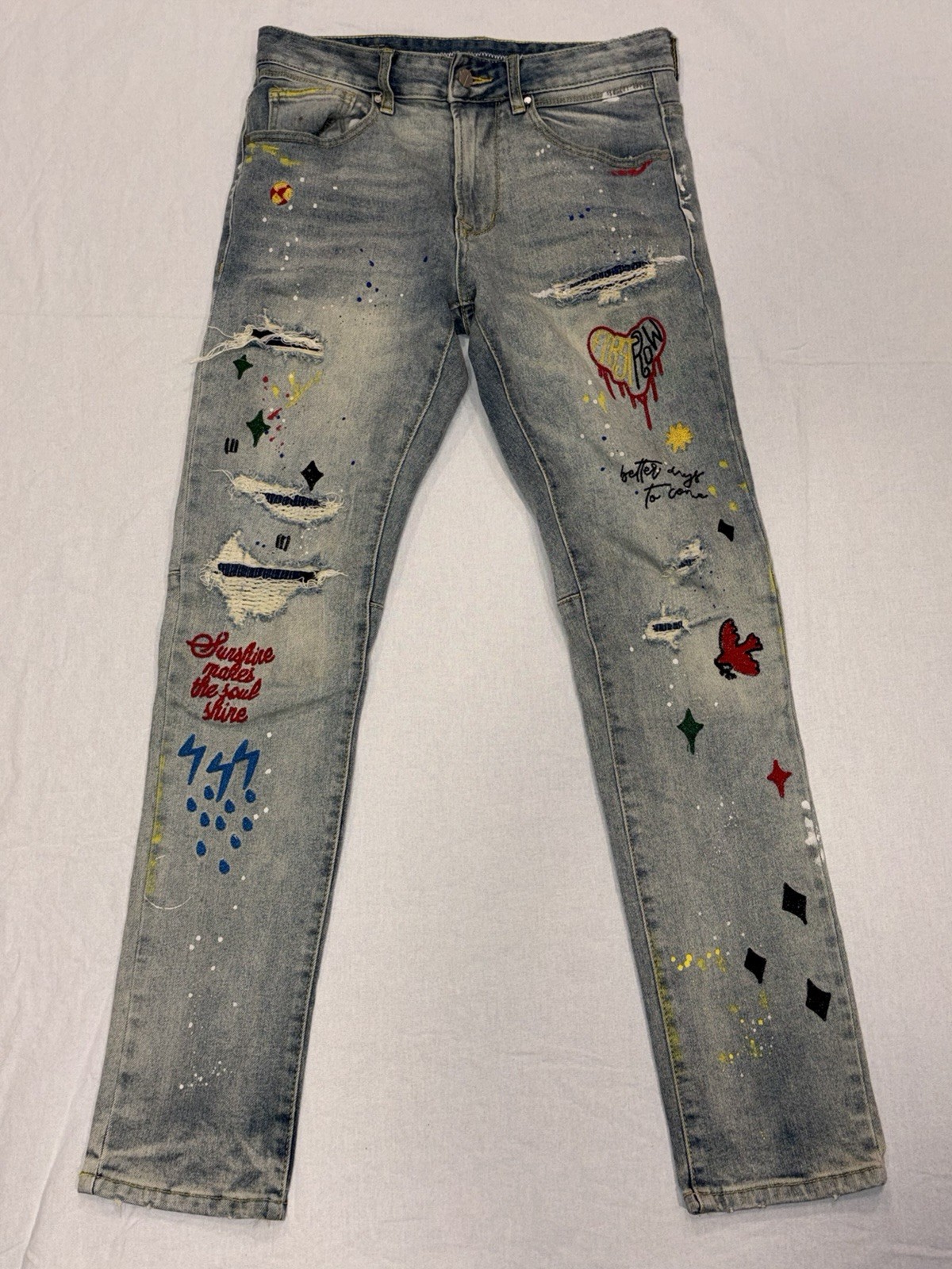 First Row Slim Straight Stretch Denim Jeans 30×32 Light Stone Tint Embroidered