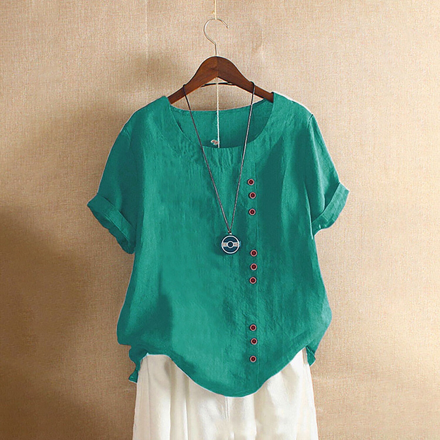 Summer Womens Cotton Linen Tunic Blouse Tops Short Sleeve Shirt Casual