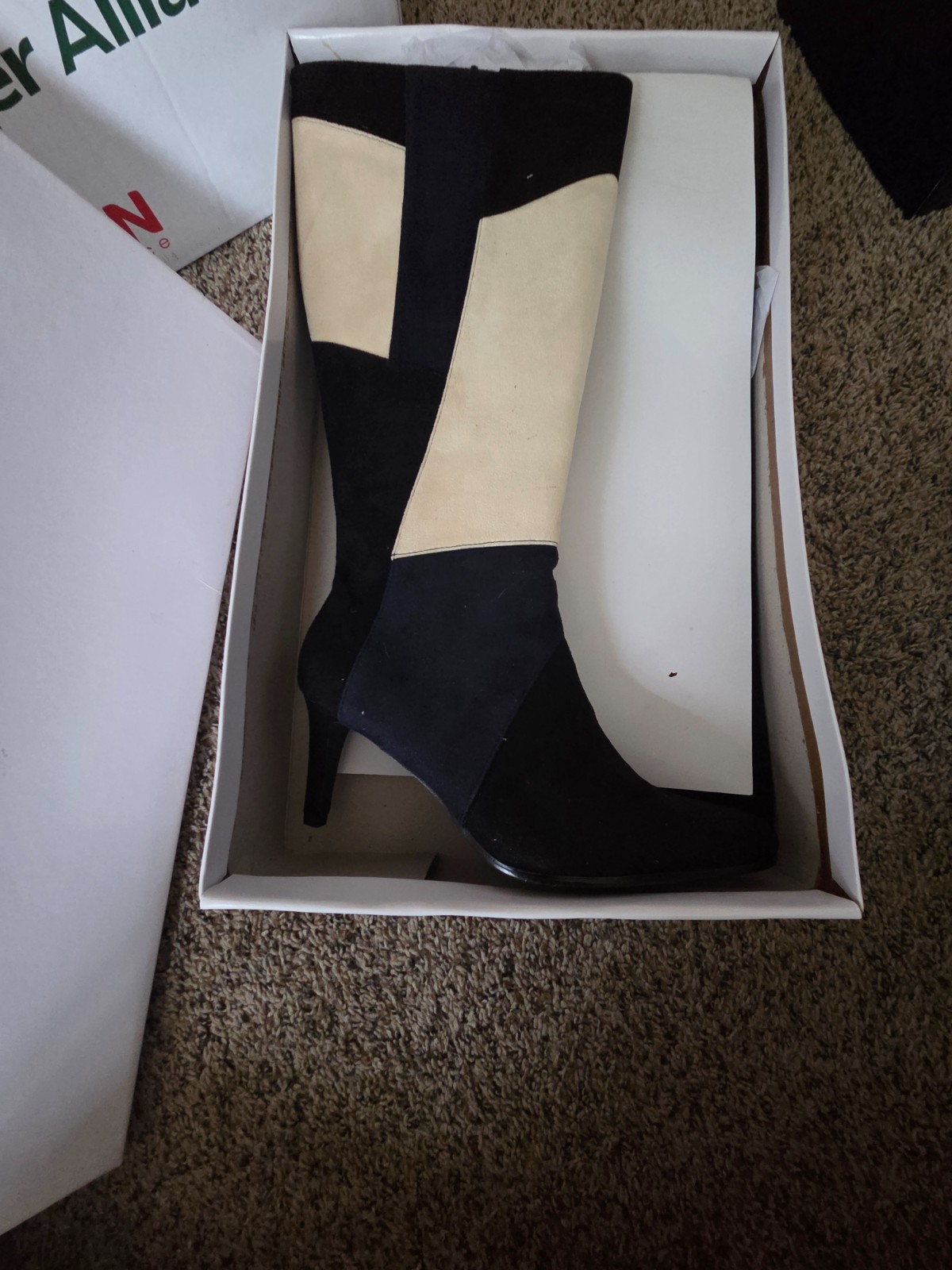 ASHRO Navy/Cream/Black Patchwork Knee High Heeled Boot