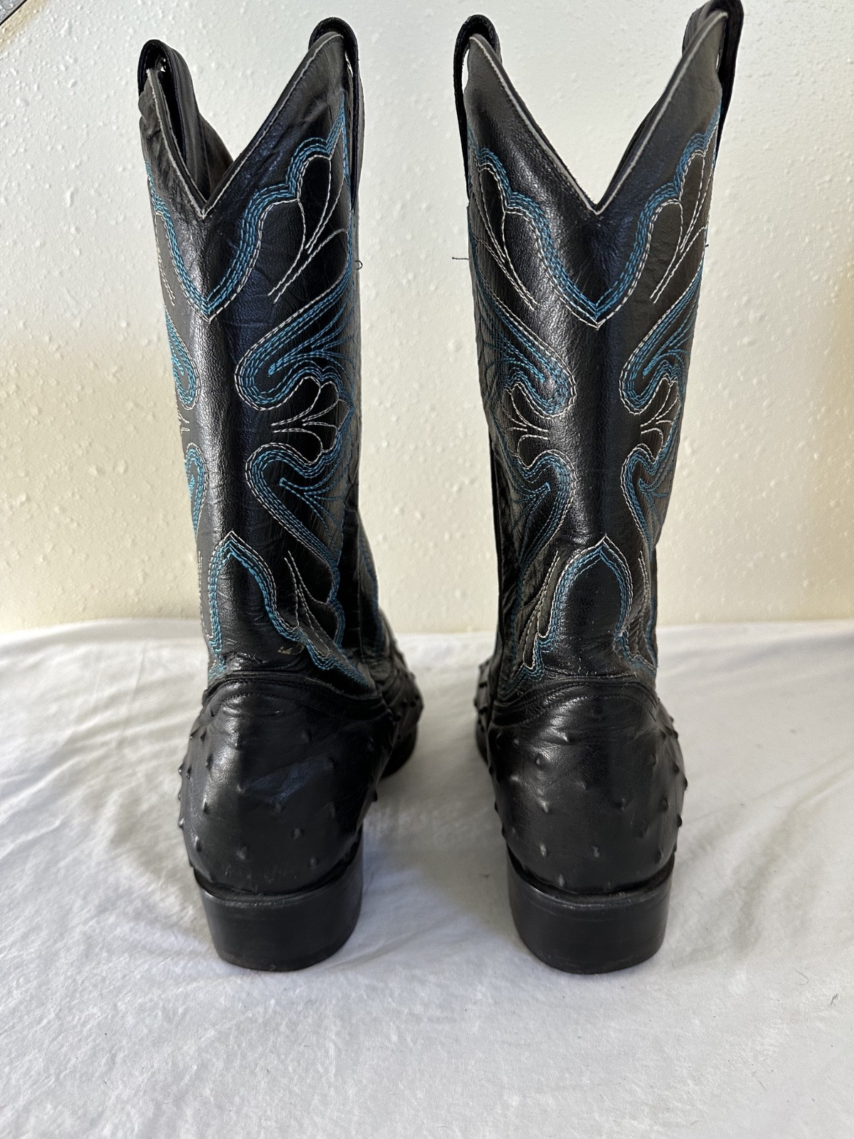 John Davis Cowboy Boots Black Ostrich Embossed Blue Butterfly Stitching W 9 M 7