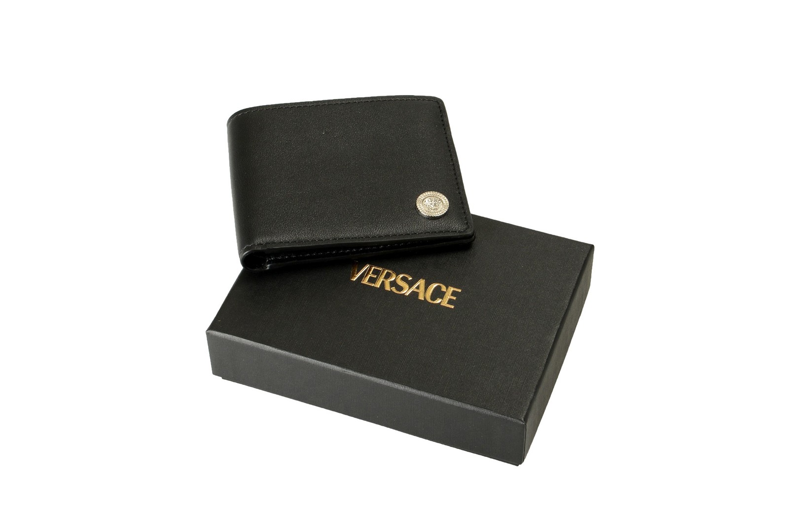 Versace Black Textured 100% Leather Silver Medusa Head Bifold Wallet