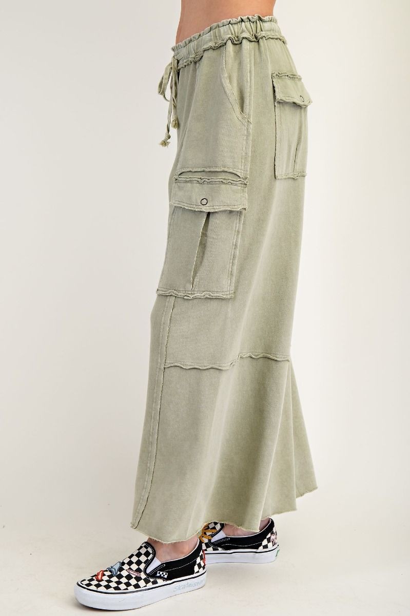 Easel Womens Utility Mineral Washed Wide Leg Terry Knit Cargo Pant- Faded Olive