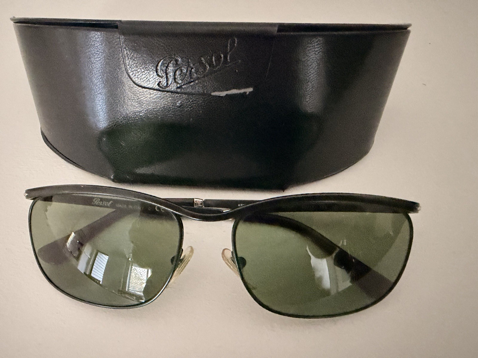 Persol Key West Polarised Sunglasses Black Metal Frame Green Tinted Lenses