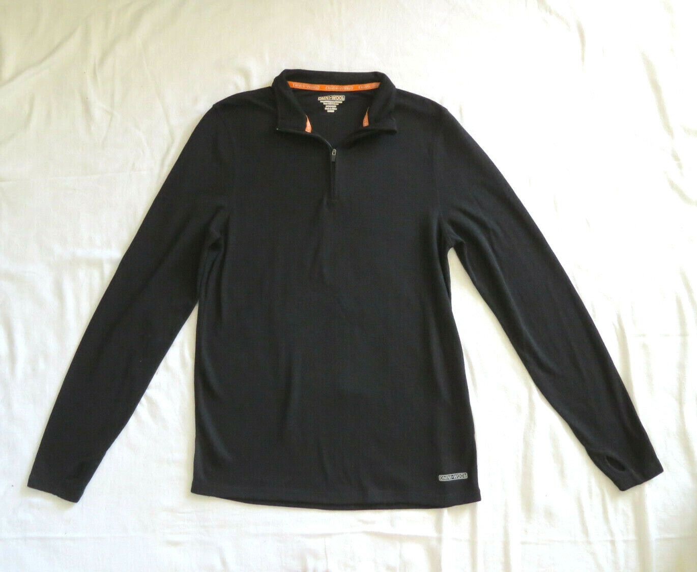 OmniWool Mens Black Wool Poly Blend Pullover 1/4 Zip Thumbholes Sweater M NWOT