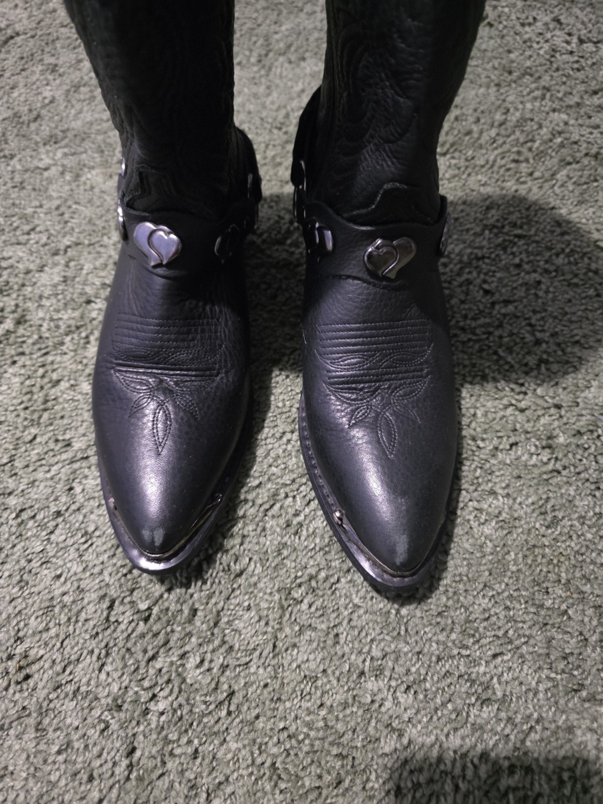 Women’s Black Leather Western Mid-Calf Pull-On Boots Pointed Toe Heart 6M