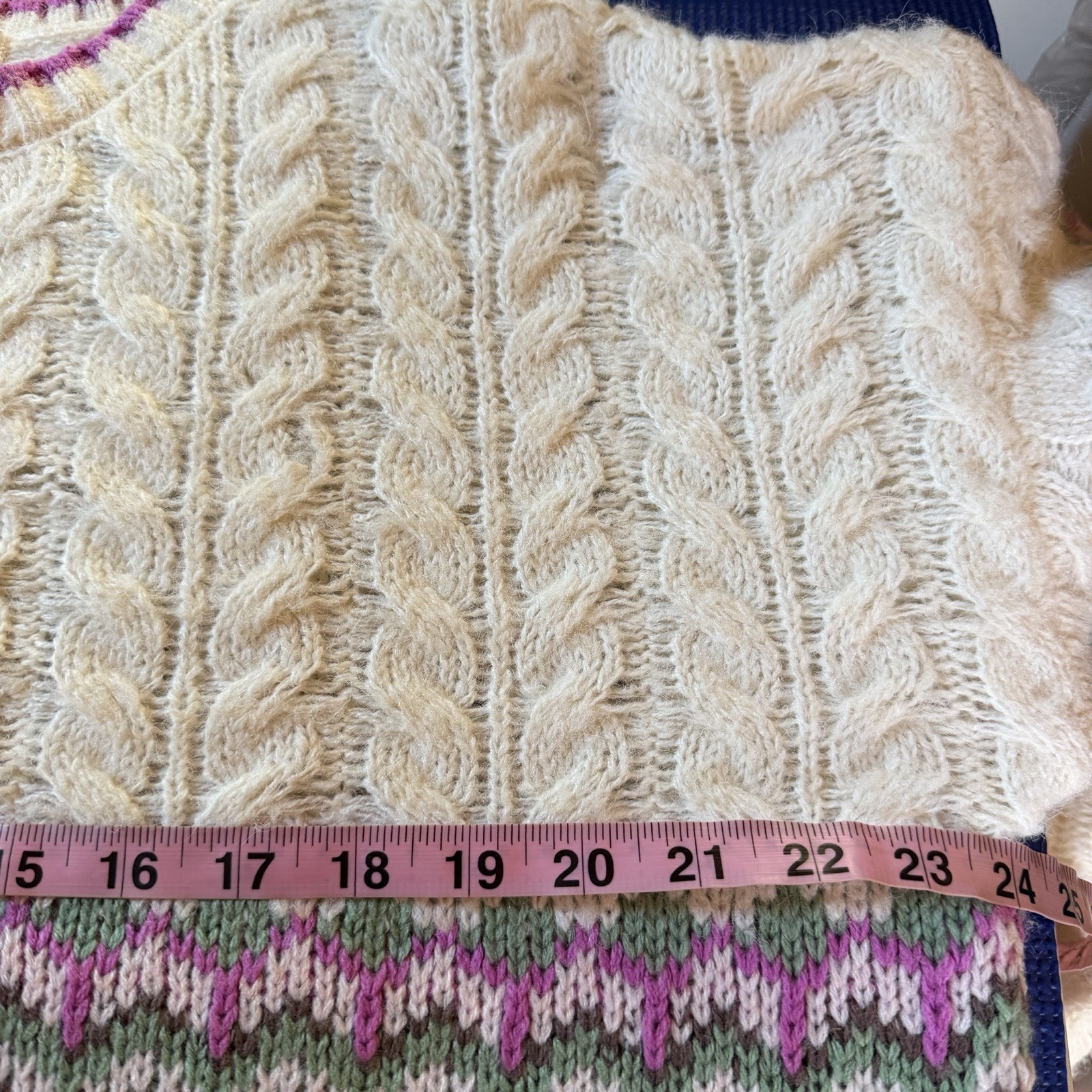 Sugar Moon Cable Knit Sweater L Ivory Pink Fair Isle Cozy Grandma Cottagecore