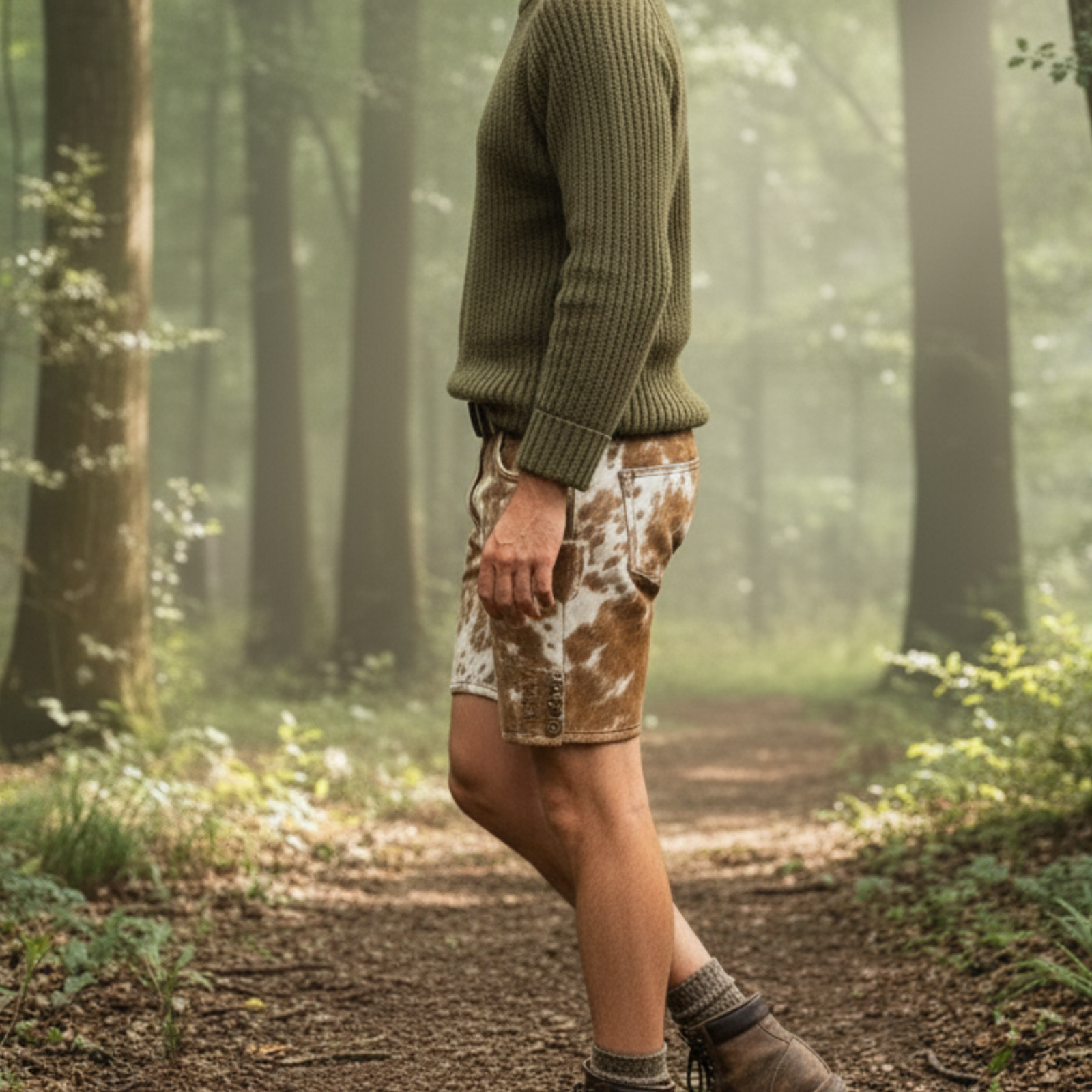 Men’s Brown White Genuine Cowhide Leather Shorts Hair On Hide Biker Shorts