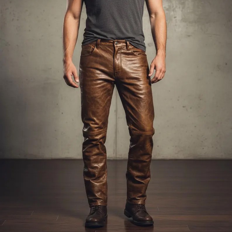 Men’s Brown Lambskin Leather Pants Distressed Waxed Genuine Leather Trousers