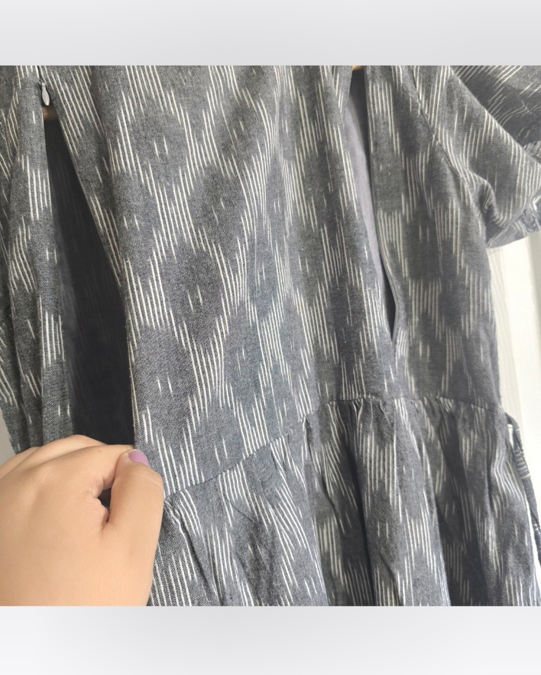 EMMA Gray Ikat Woven Midi Dress Short Sleeve Nursing Zipper Opening
