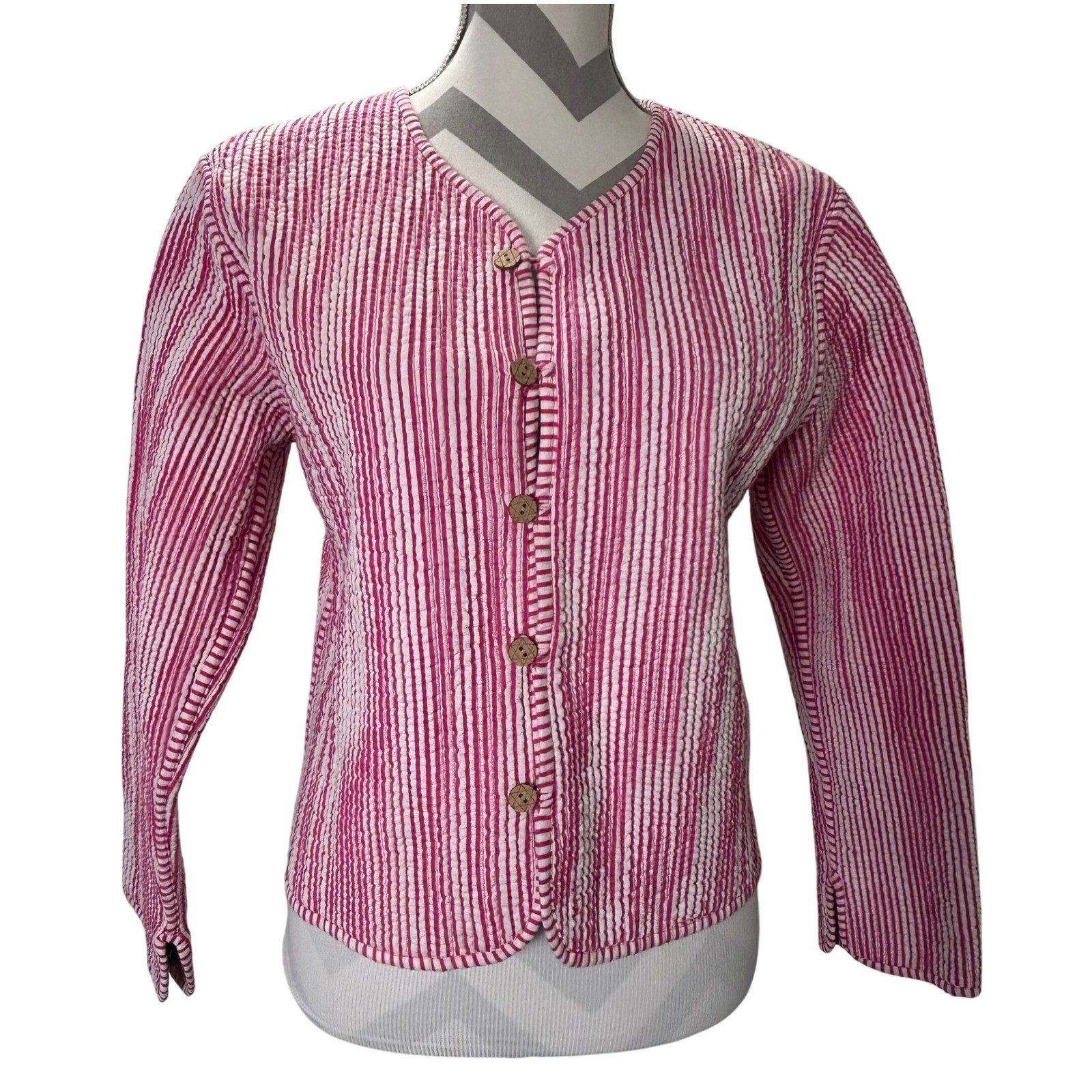Block Print Quilted Jacket Turquoise Pink Floral Reversible Button Front Medium