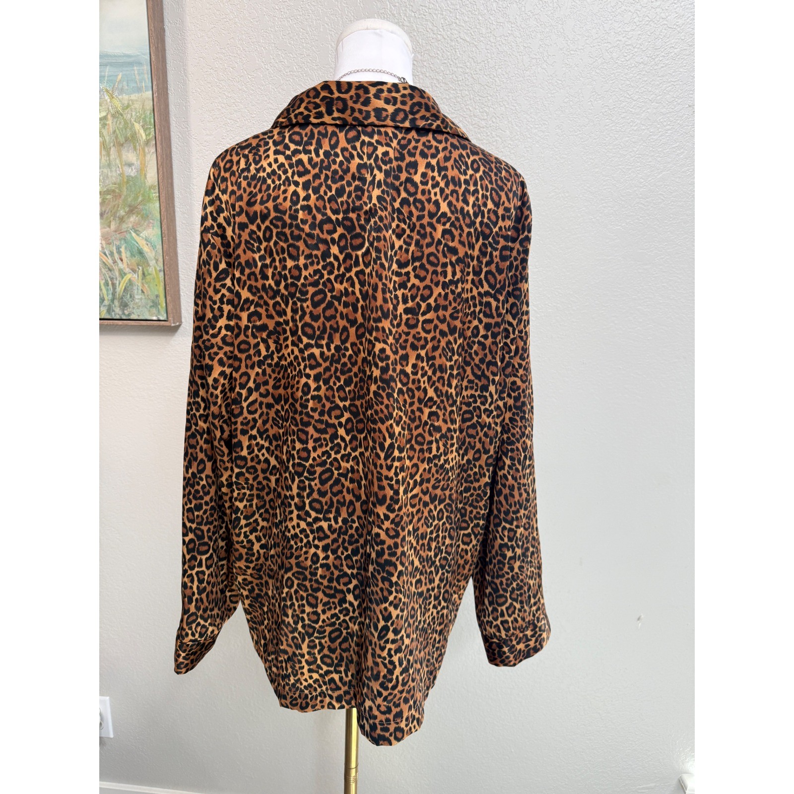 Leopard print satin button up blouse oversized XL