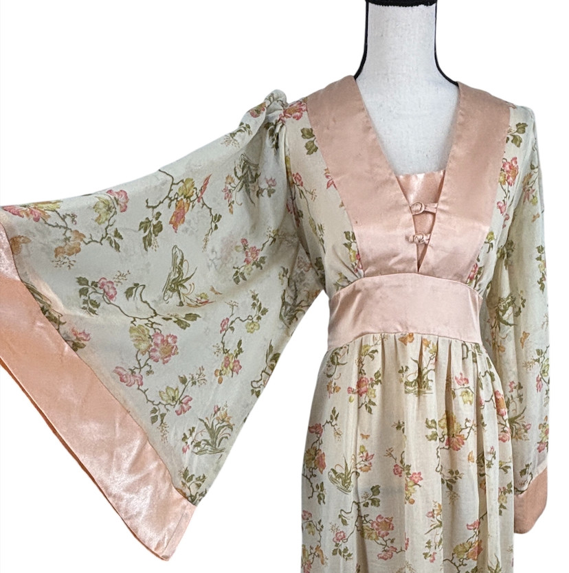 70s Rare Gunne Sax By Jessica Maxi Floral Butterfly Print Angel Kimono Sleeve