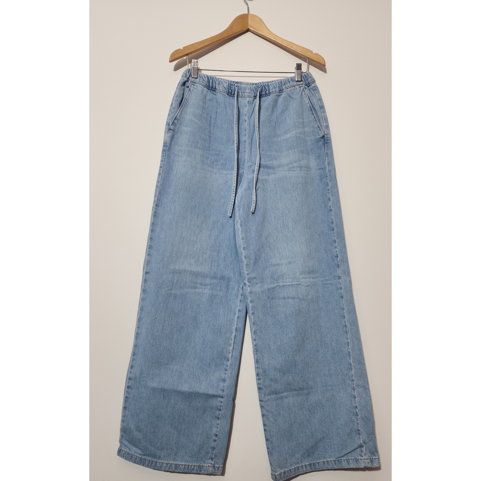 Zara Womens Wide Leg Drawstring Jeans Light Wash Blue High Rise Size Medium