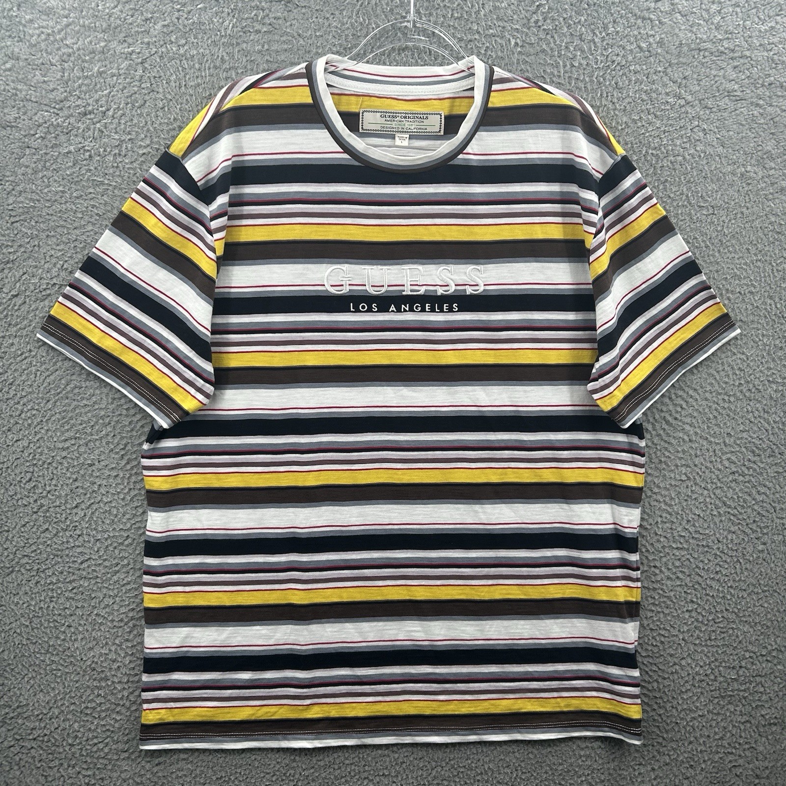 Guess Shirt Men Large Black Brown Yellow Red White Striped Rap Tee Originals USA