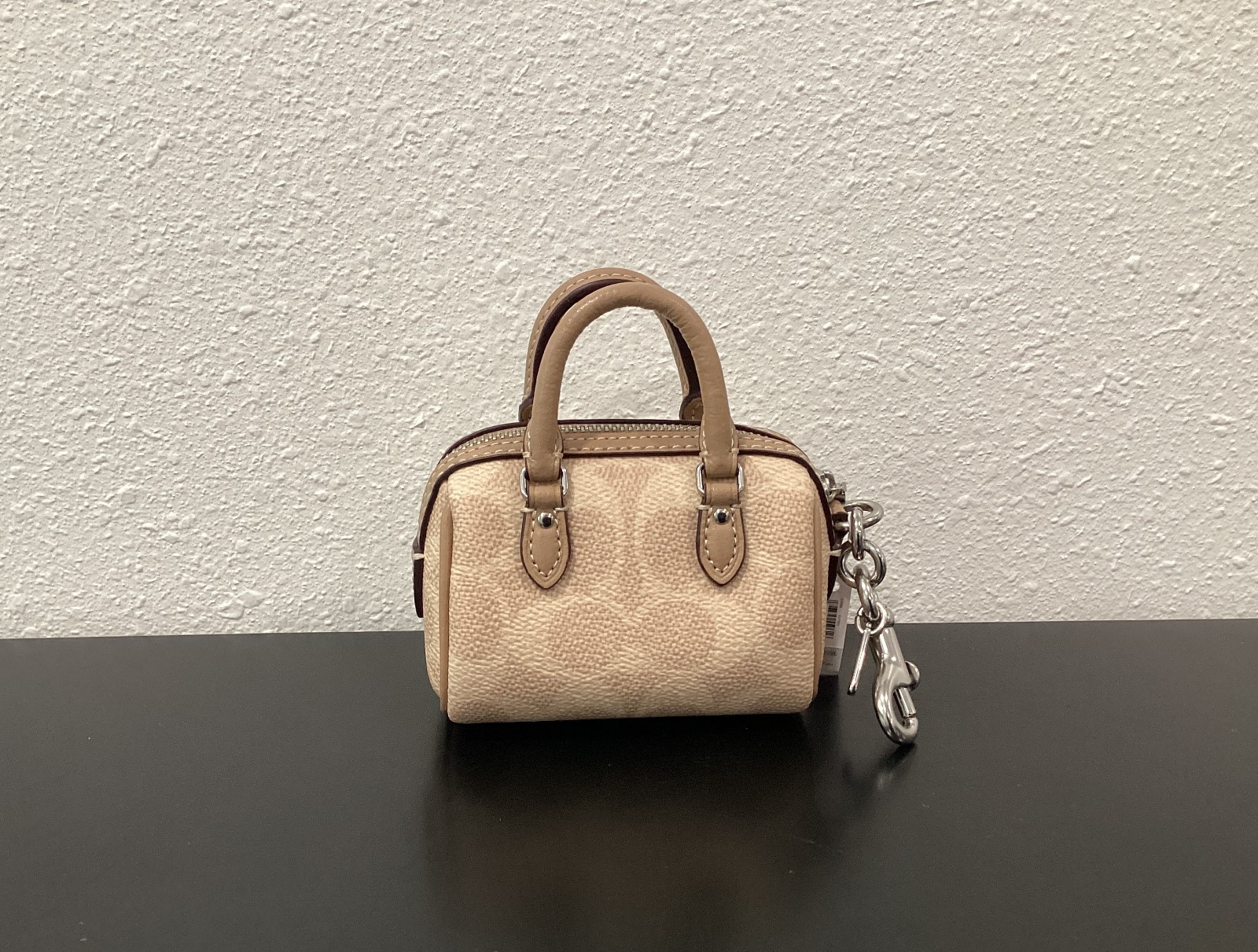 Coach Mini Rowan Bag Charm CX068 Sand Signature Canvas Leather 3.75″x2.5″x2.25″