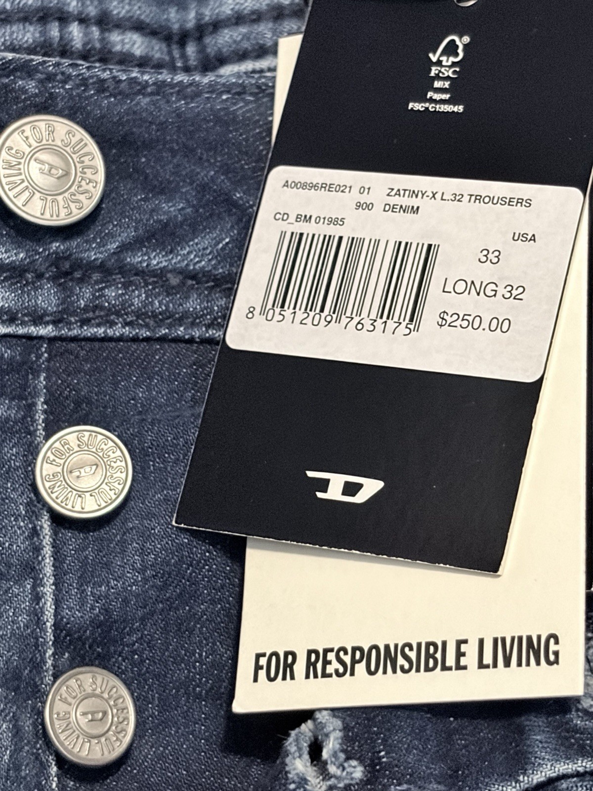 NWT Diesel Zatiny-X Slim Bootcut Jeans Men 33×32 Blue Wash Denim Pants MSRP $250