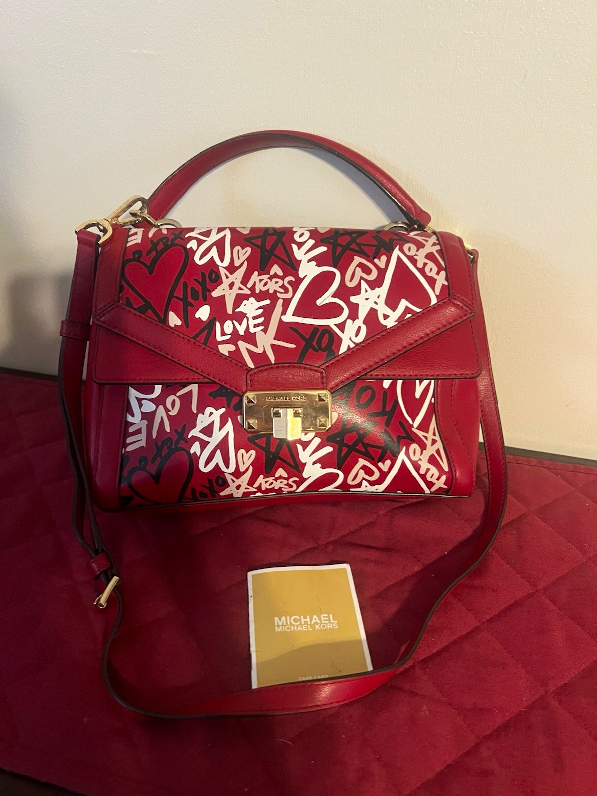 Michael Kors Red Graffiti Heart Small Satchel Top Handle Zip Push Lock Det Strap
