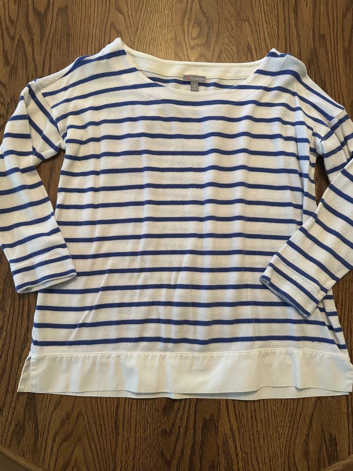 Talbots Blue White Striped Boatneck Pullover Sweater Layered Contrast Hem Size P
