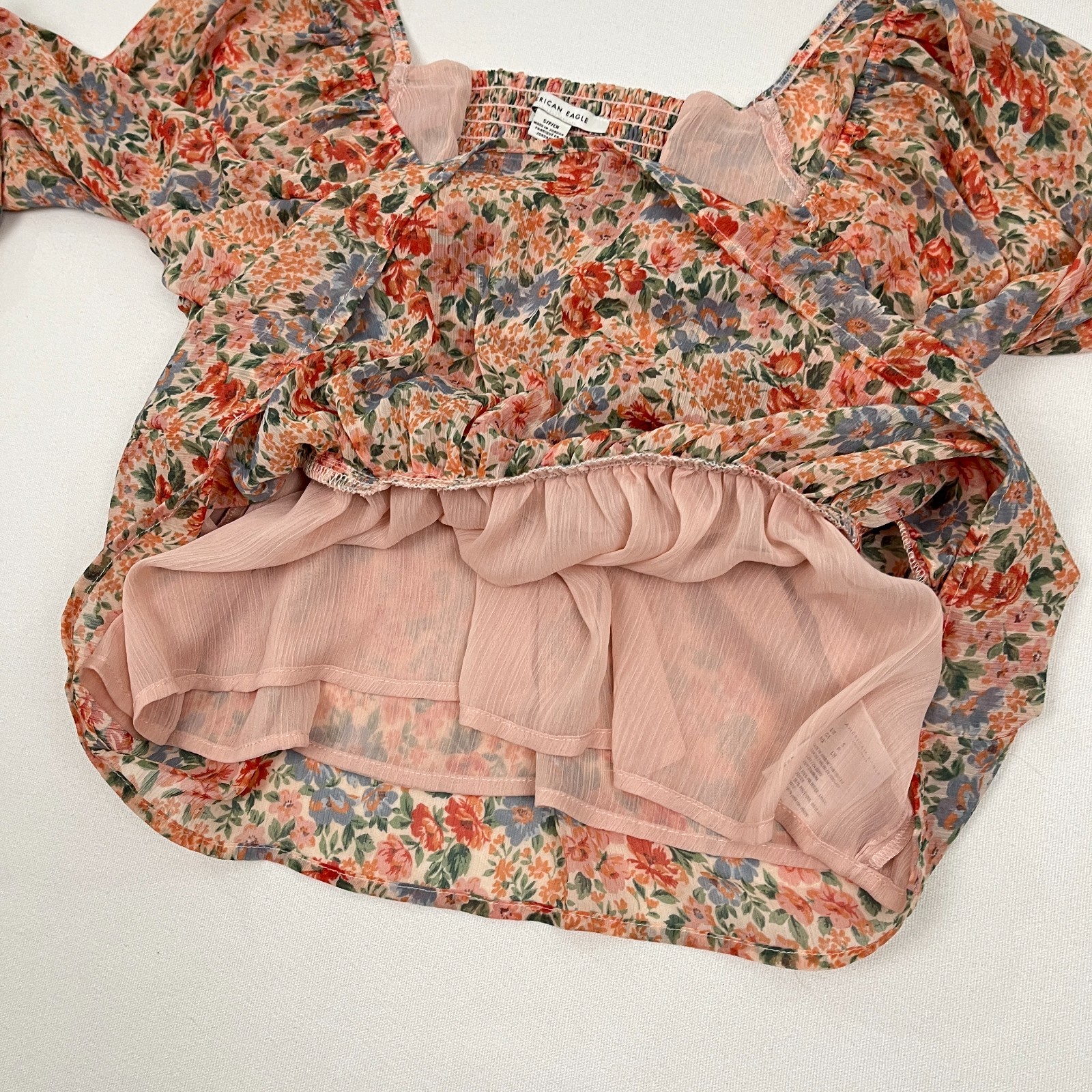 American Eagle Blouse Womens S Multi Floral Chiffon Ruched Babydoll Peasant Boho