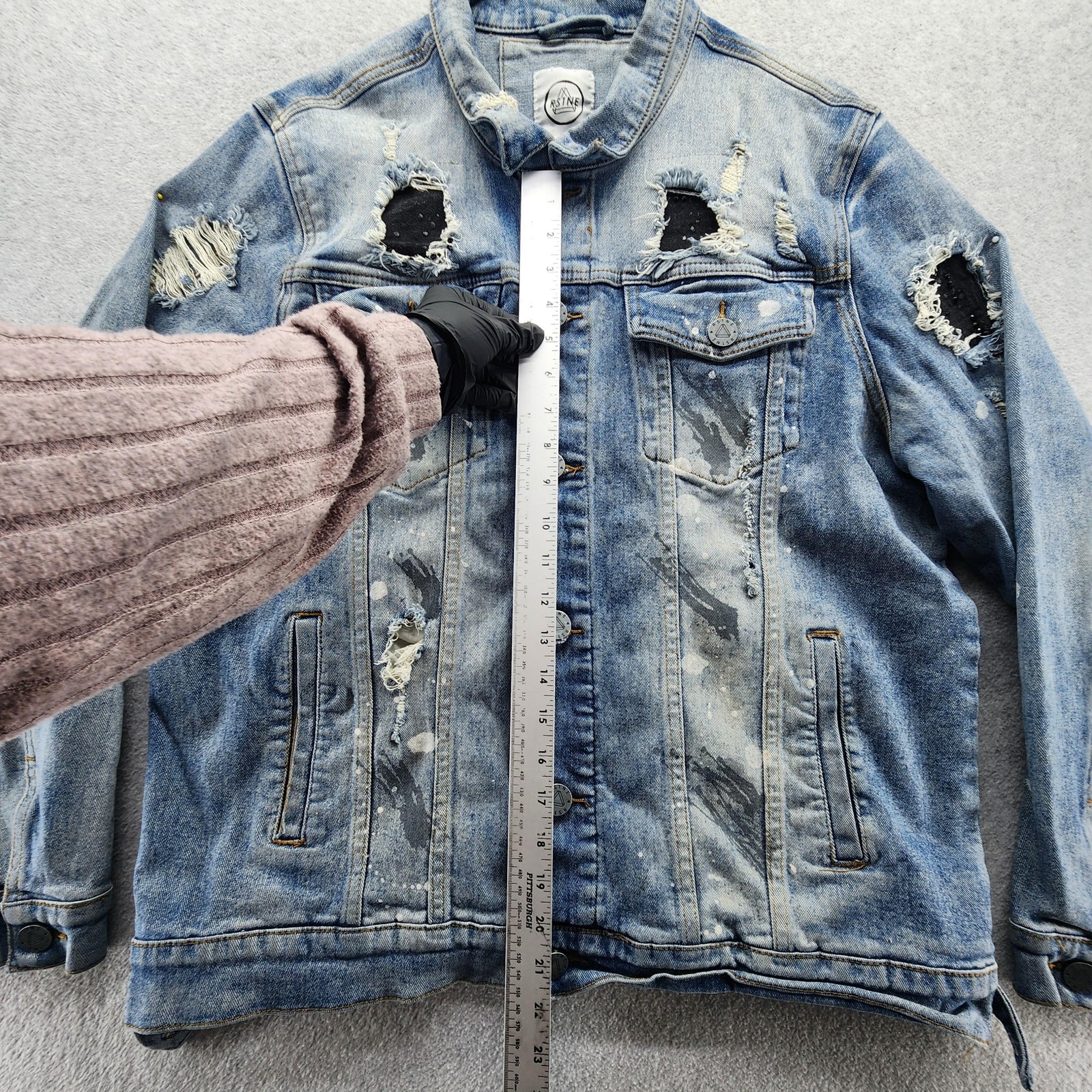 RSTNE Jacket Mens Large Blue Denim Distressed Paint Splatter Ripped Studded