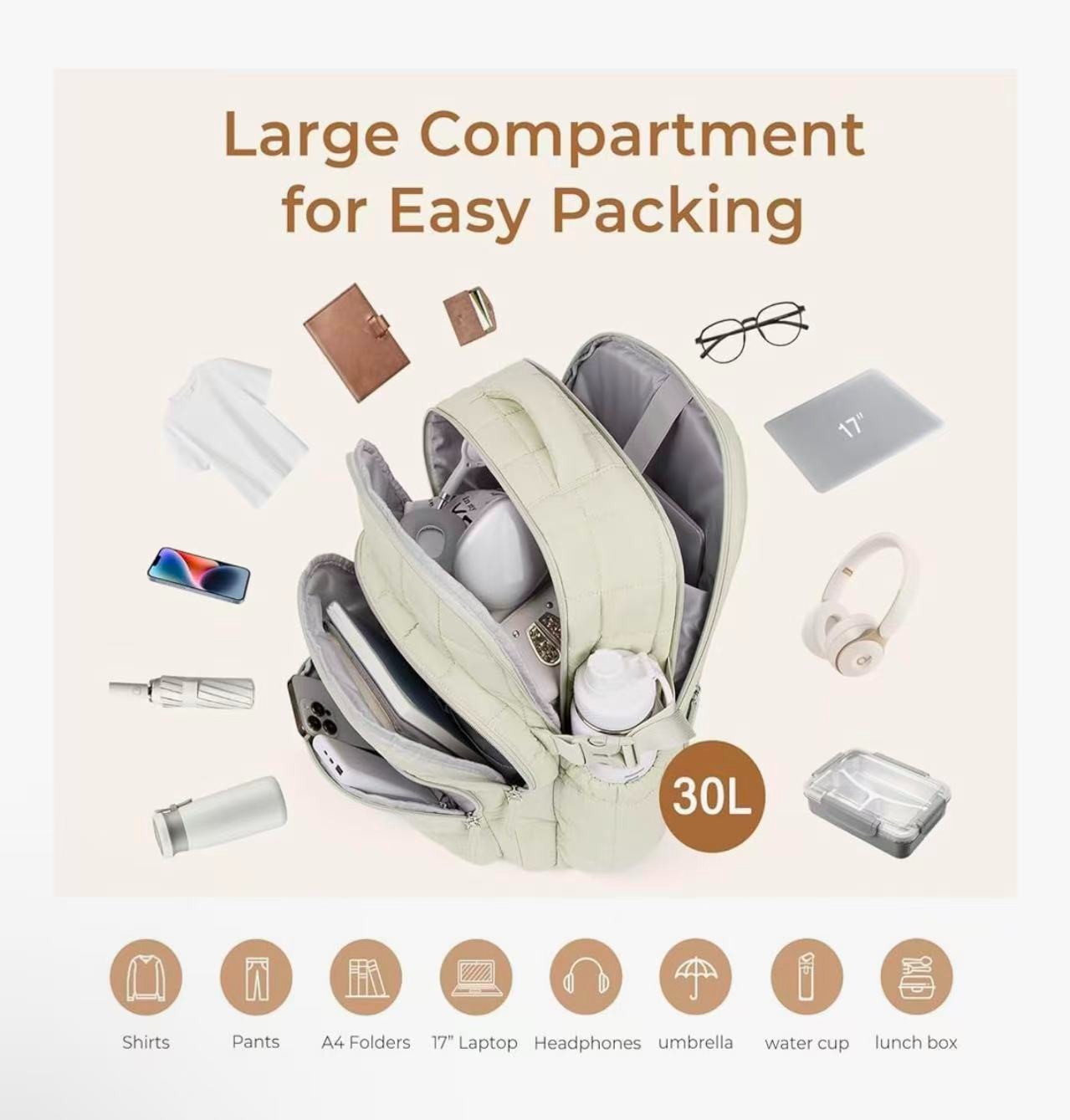 CLUCI 17.3 Inch Laptop Backpack for Women, Anti Theft Travel Backpack, Puffer Qu