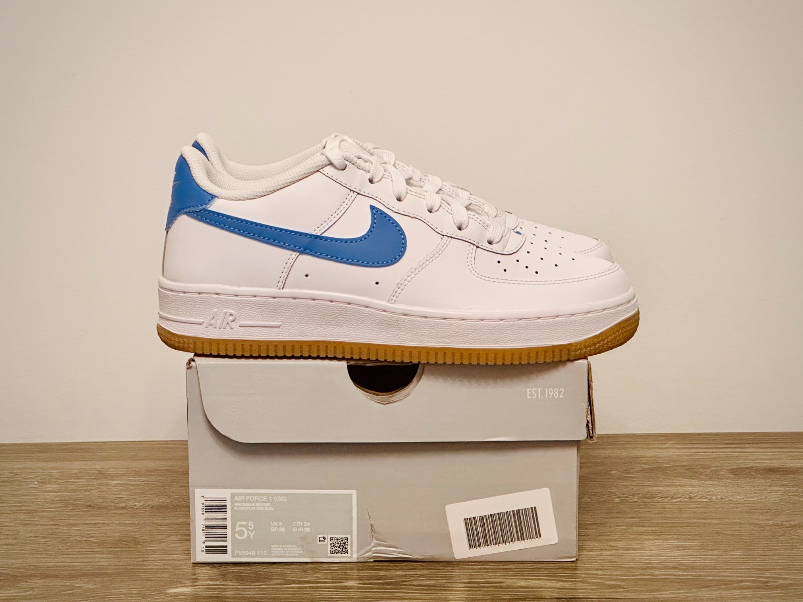 Nike Air Force 1 White/Blue Beyond/Gum – Size 5.5 Youth / 7 Women
