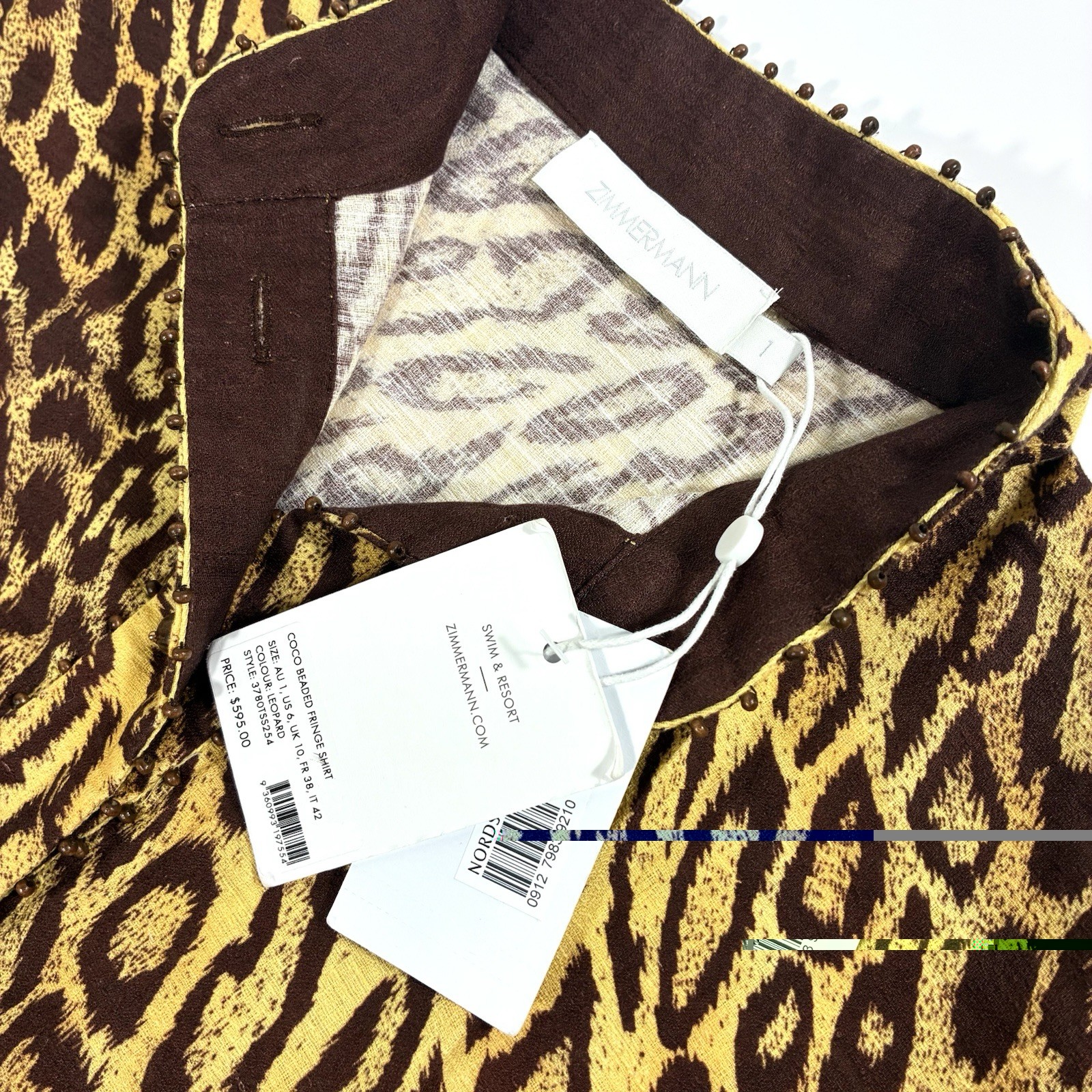 Zimmermann Coco Bead Embellished Leopard Print Cotton Shirt US 6 AU 1 Loose NWT