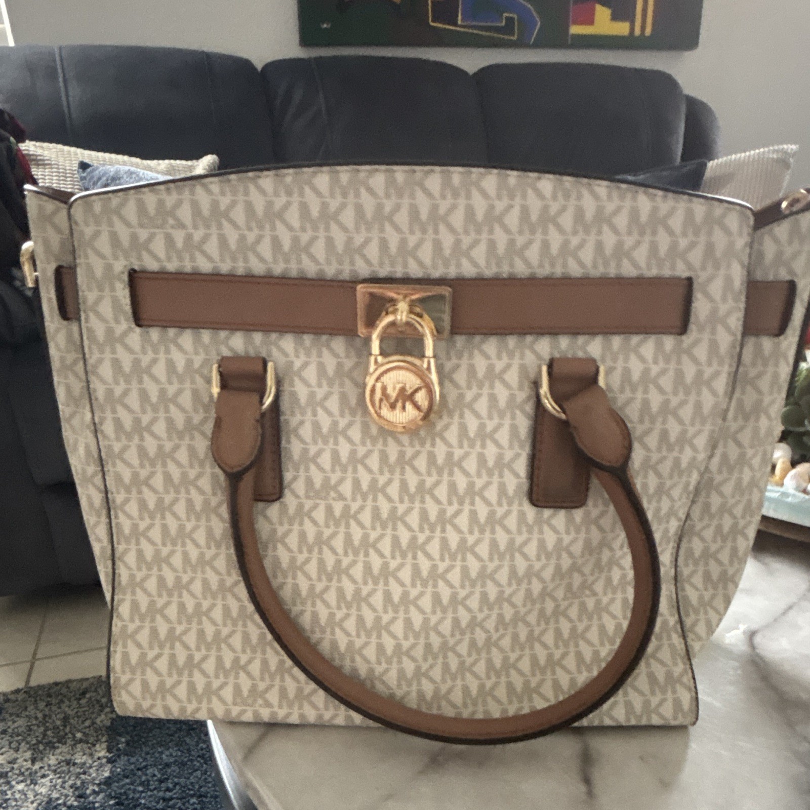 Michael Kors Logo Satchel Top Handle Bag w/ Lock Closure Beige/Brown Gold