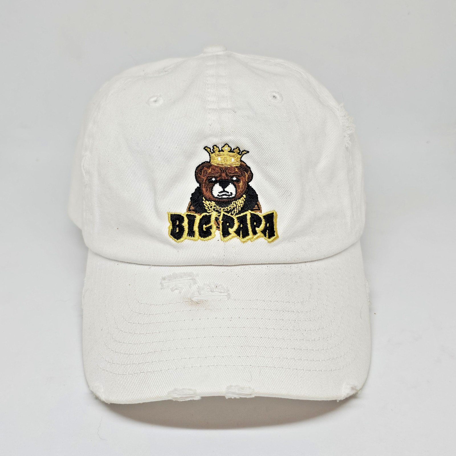 KBETHOS King Papa Bear Distressed 6 Panel Hat White Distressed