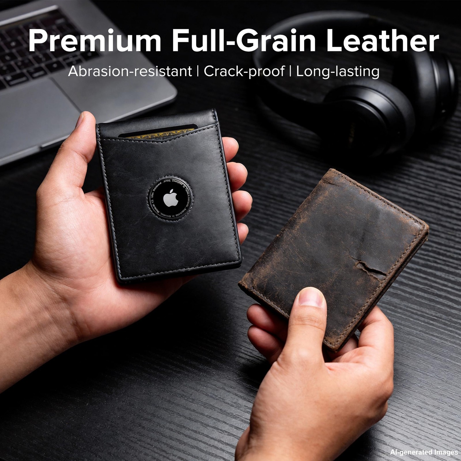 furid Slim AirTag Wallet for Men: Minimalist Full Grain Airtag Wallet, Black