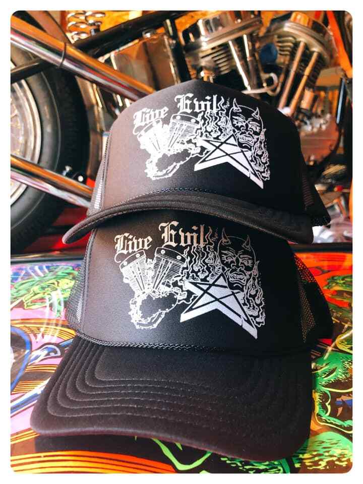 LIVE EVIL TRUCKER HAT Demon & Shovelhead engine old school design biker harley