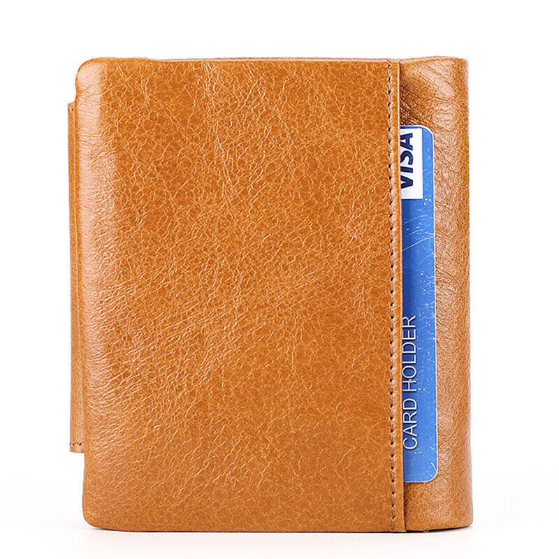 Cowhide Leather Mens Trifold Wallet RFID Blocking Card Holder Zipper Coin Purse