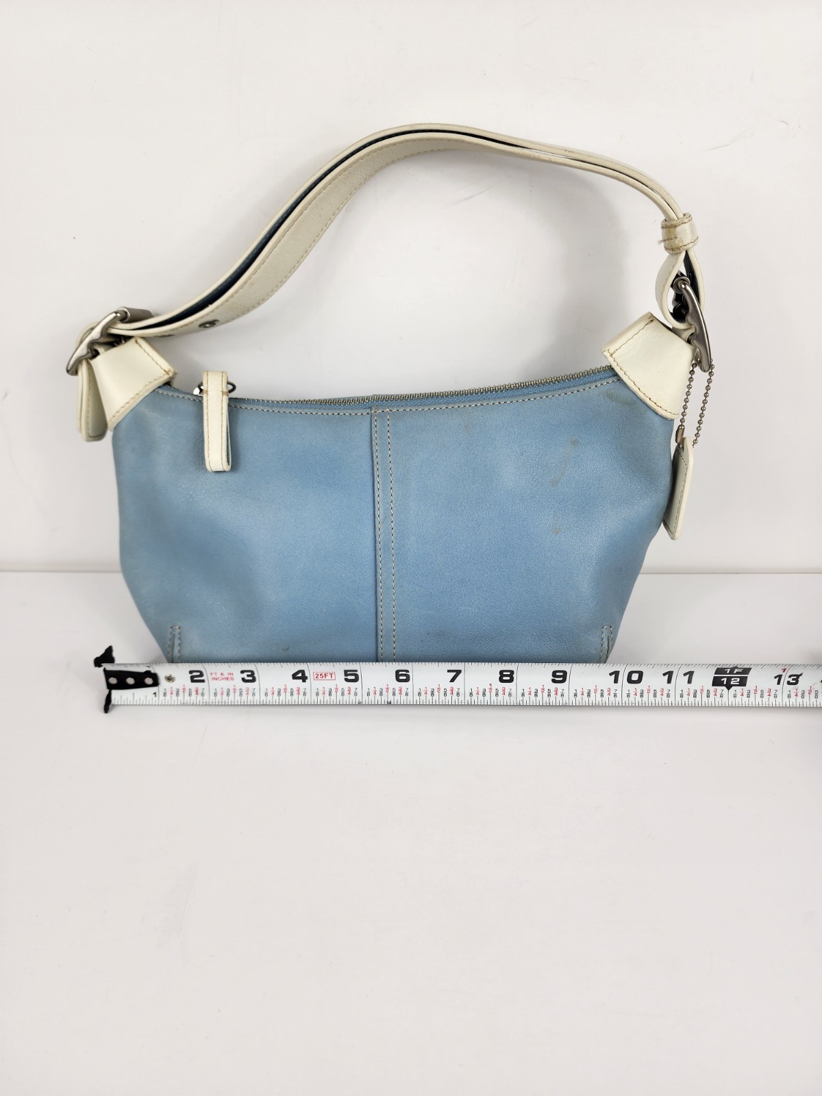 Vintage Coach 9564 Blue Leather Ergo Shoulder Bag Purse White Trim Hobo Baguette