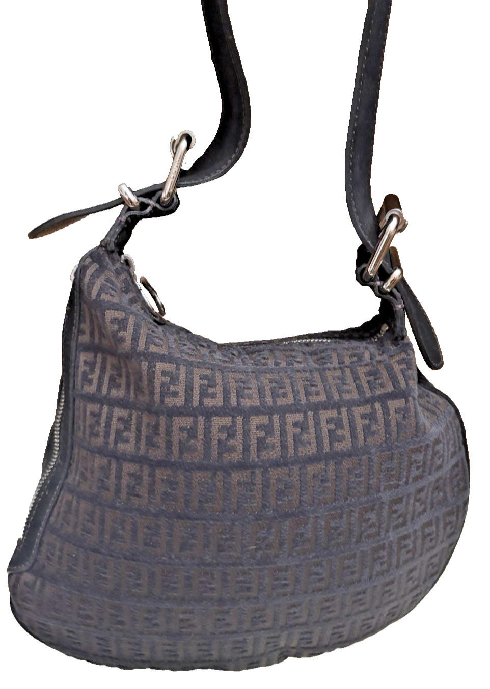 PRE-OWNED VINTAGE BLACK FENDI ZUCCIHINO FF SUEDE LEATHER OYSTER SHOULDER HANDBAG