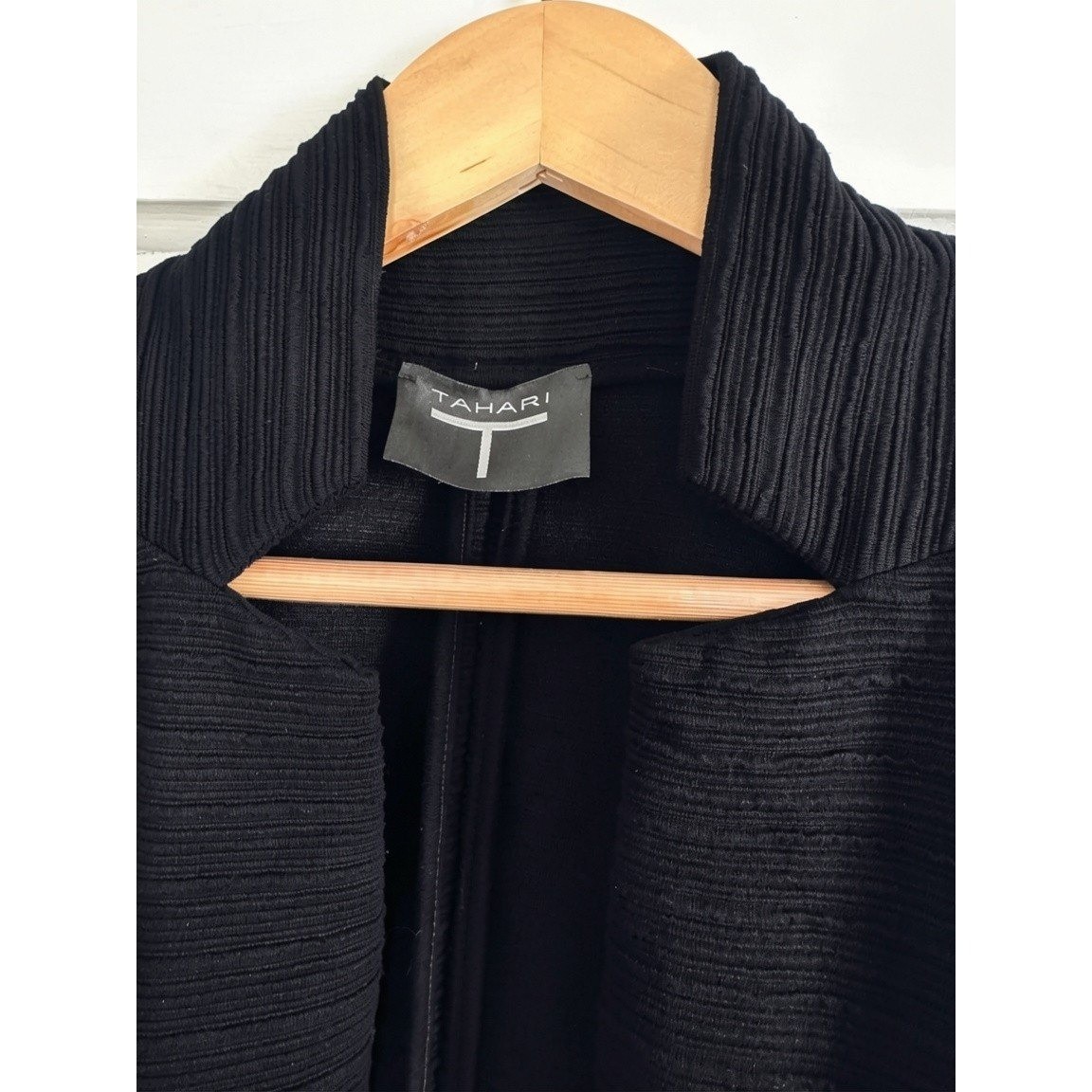 Tahari T Black Ribbed Open Front Cardigan Longline Structural Knit Jacket XS