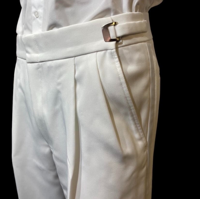 Men’s White Pleated Tuxedo Pants-Adjustable Waist Easter Church Easy Care