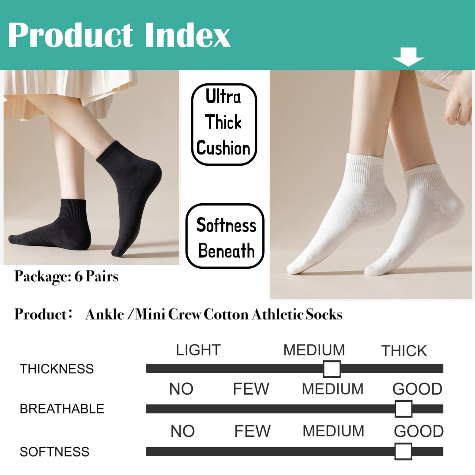 NevEND 6 Pairs Women’s Mini Crew/Ankle Cotton Athletic Socks Medium, Black