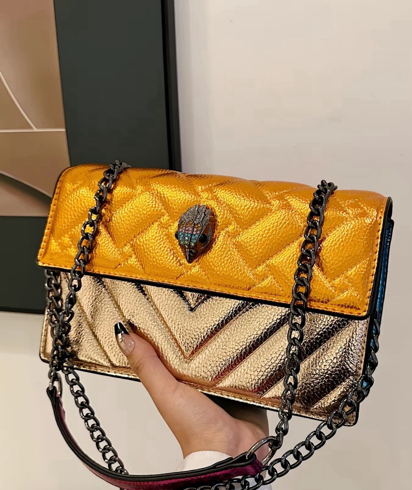 Women’s Small Multicolor Colorblock Quilted Flap Crossbody Bag, Chain Strap