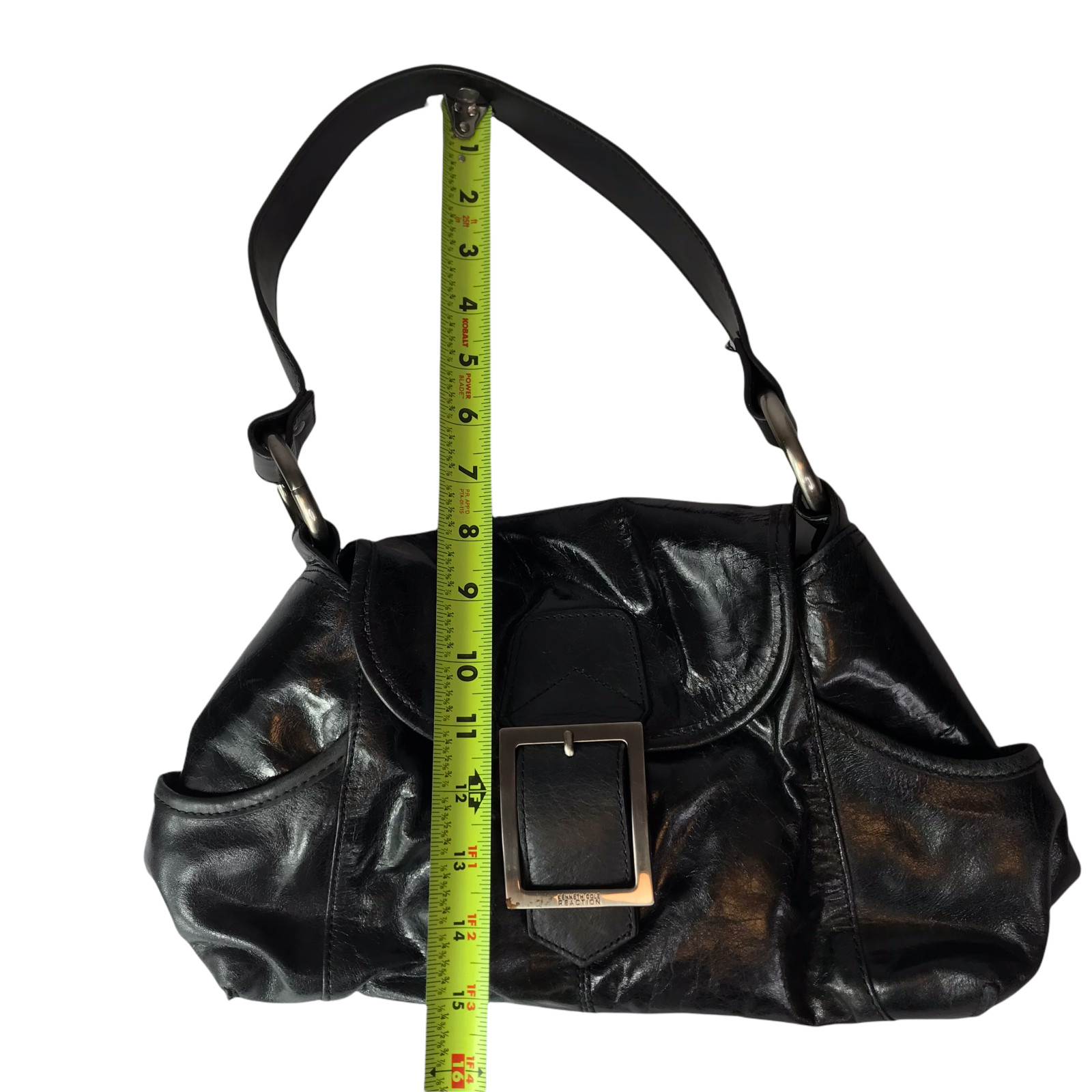 Kenneth Cole Reaction Leather Purse Shoulder Bag Black Silver Buckle Magnetic