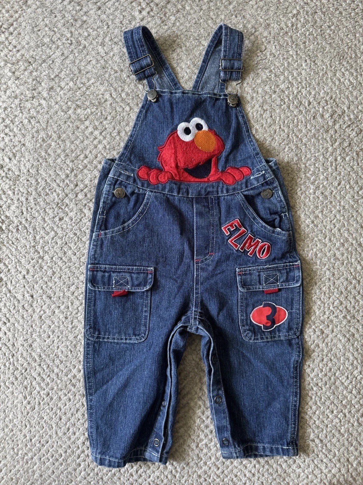 Vintage Sesame Street Elmo 12M 2pc Denim Overalls Set, Long Sleeve Shirt
