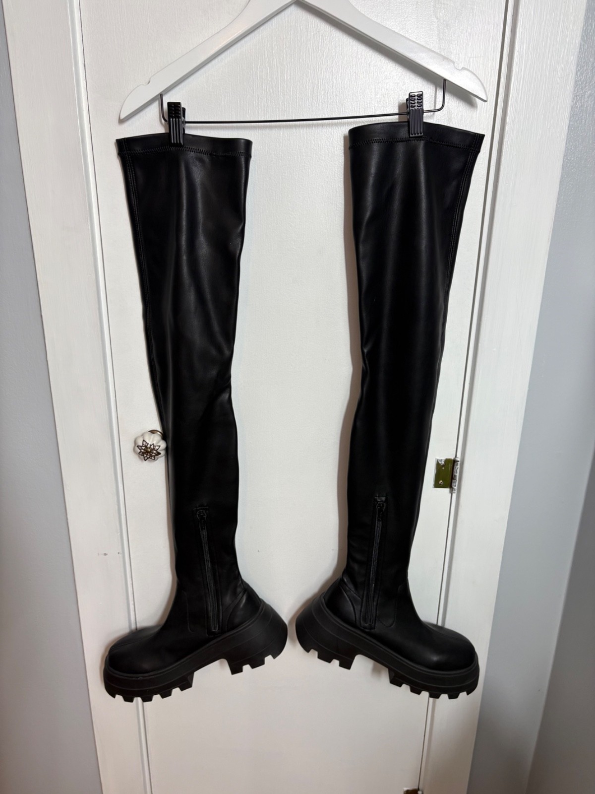ASOS Design Italy “KAYA” Black PU Dominatrix Chunky Platform Thigh Boots 8M EUC