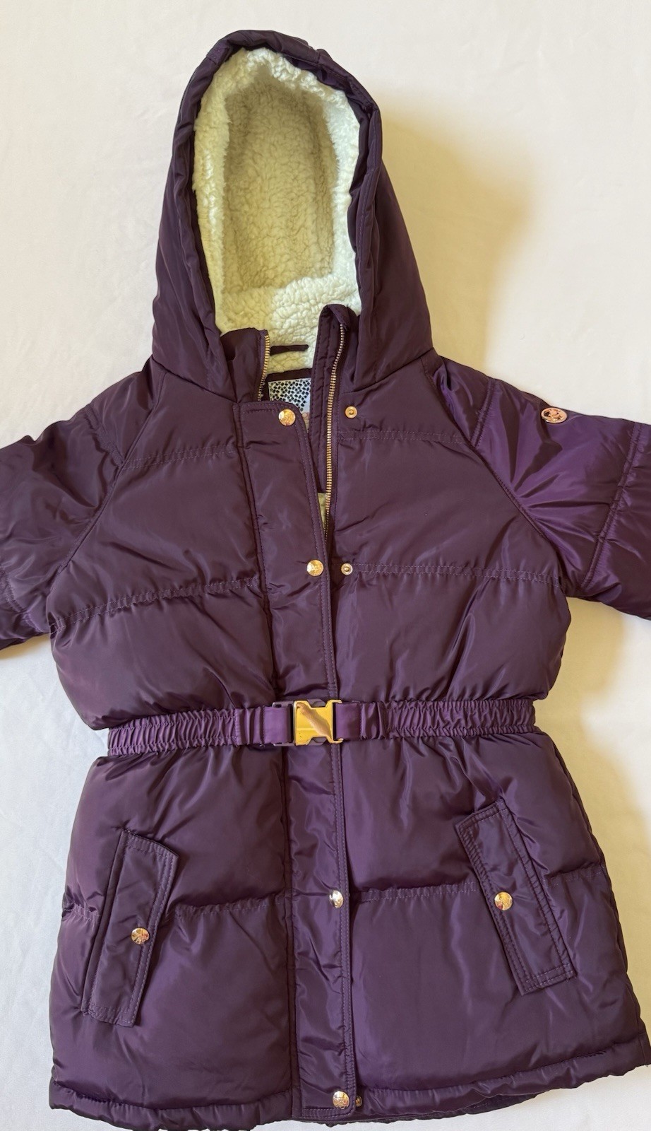 Kensie Girl Girls Purple Hooded Puffer Jacket Faux Fur Lined Belted 14/16