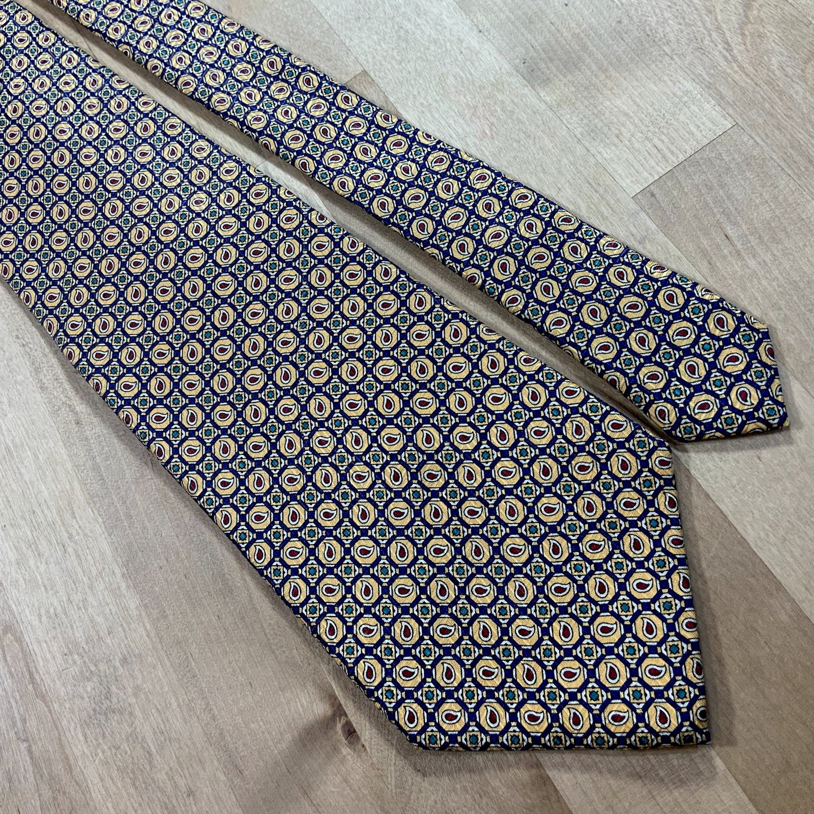 Polo Ralph Lauren Tie Navy Gold 100% Silk Paisley Geometric Hand Made Necktie