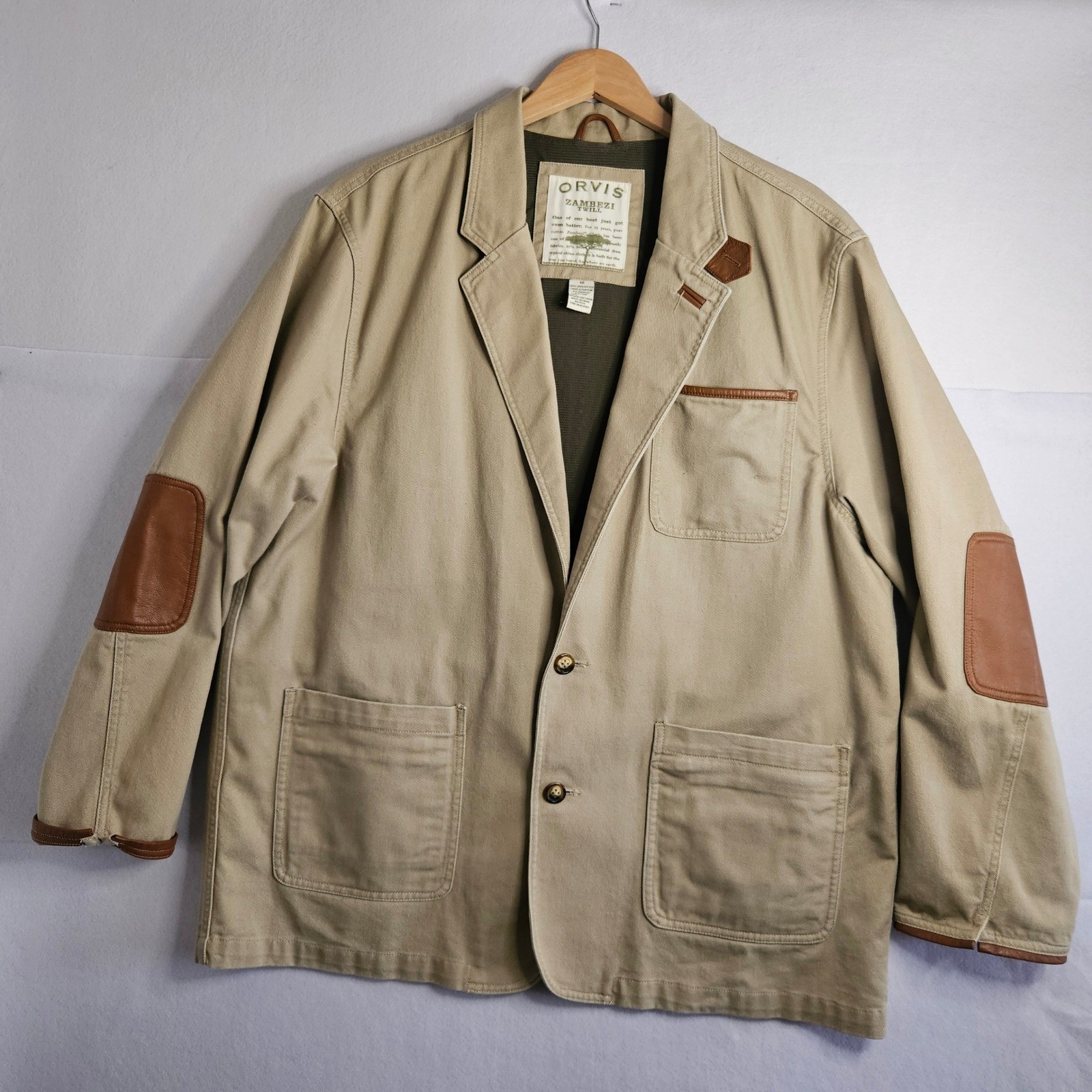 Vtg Orvis Zambezi Twill Field Jacket Men XL Tan Khaki Leather Trim Safari Blazer