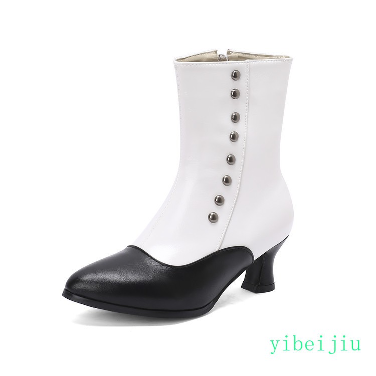 Womens Low Kitten Heel Patchwork Ankle Boots Buttons Leather Shoes Two Tone 2026