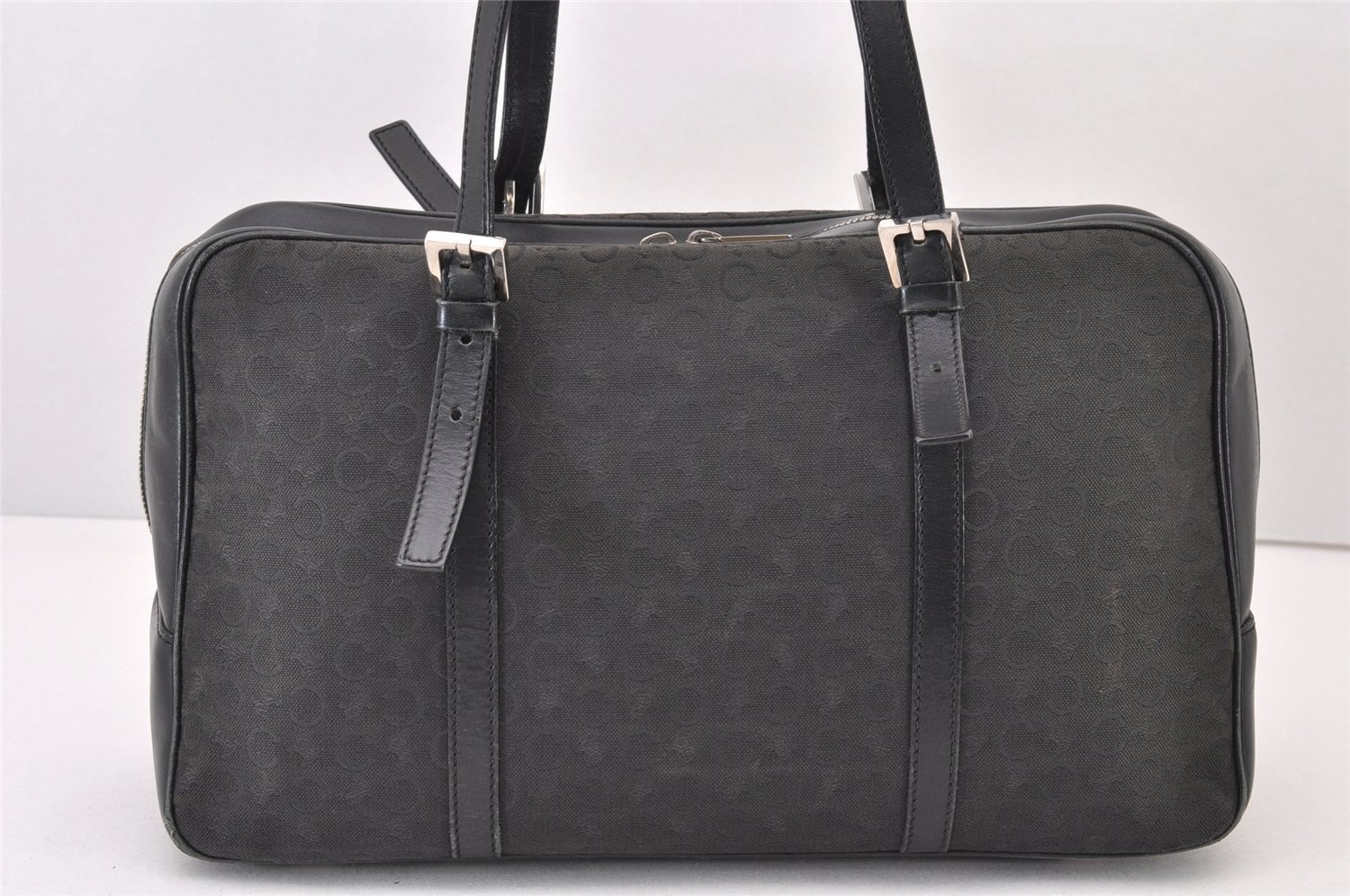 Authentic CELINE C Macadam Blason Shoulder Tote Bag Canvas Leather Black 423AB