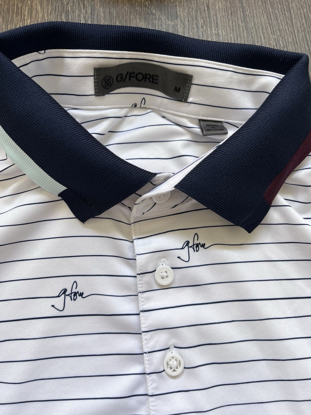 G/Fore G4 Golf Shirt Polo Striped Signature Print M White Polyester MSRP $120