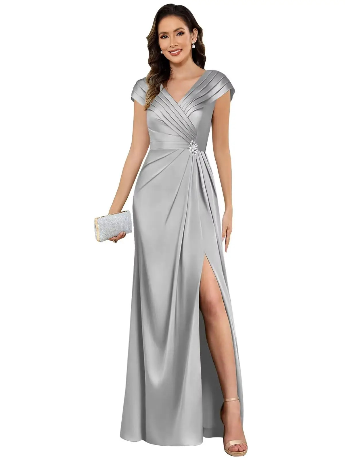 Customized Satin Mother of The Bride Dresses with Slit VNeck Beaded Formal Dress