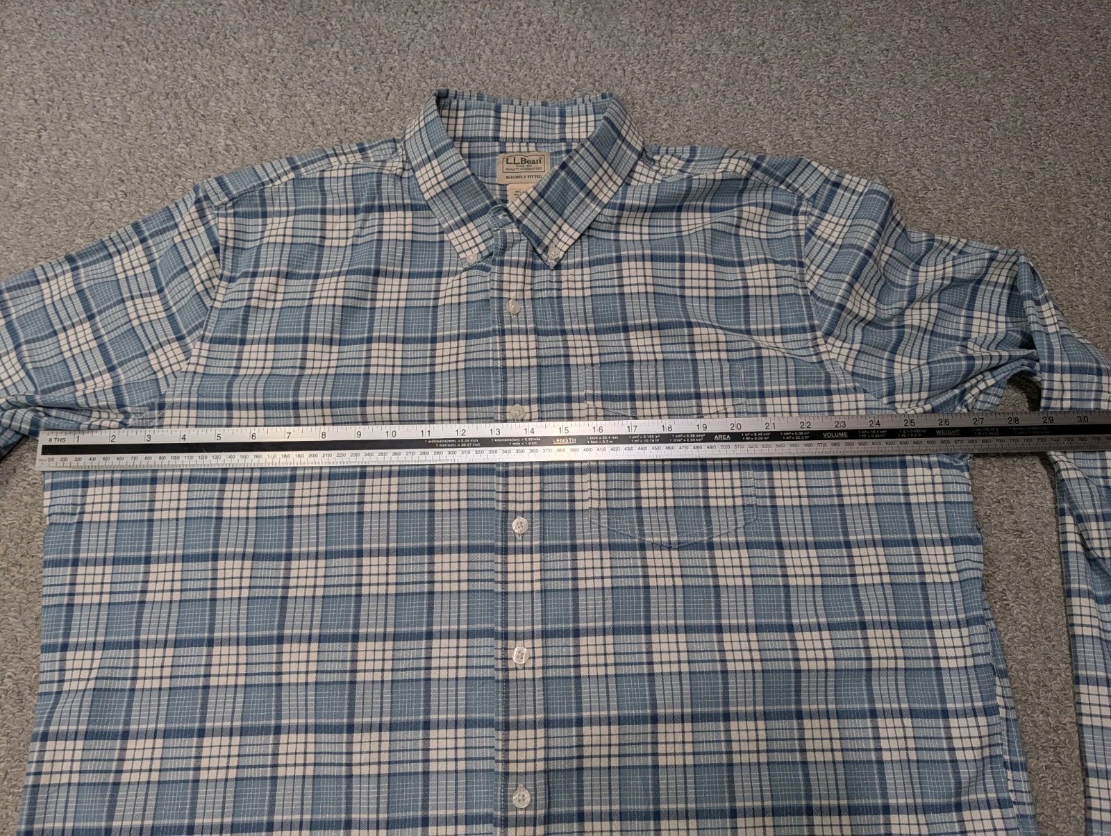 LL BEAN Comfort Stretch Blue Check Plaid Slightly Fitted Button Shirt XL Tall