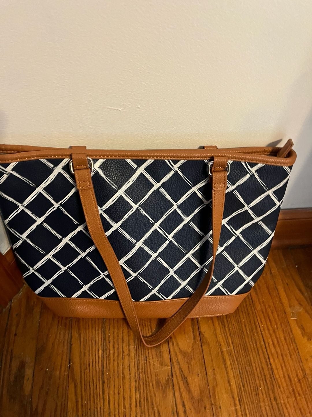 Thirty-One Gifts Navy and White Plaid Tote Bag
